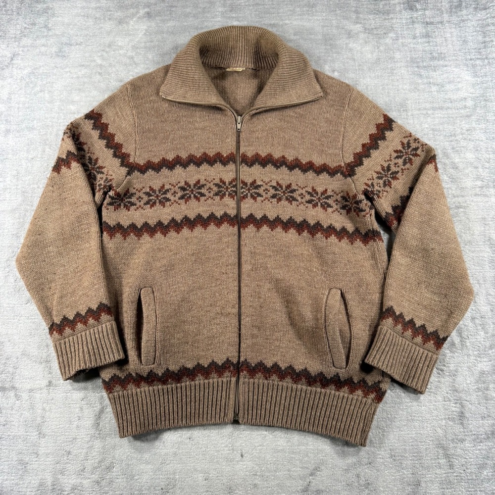 St Michael Sweater Mens 42 Brown Vintage 80s Fair Isle Snowflake Knit Cardigan